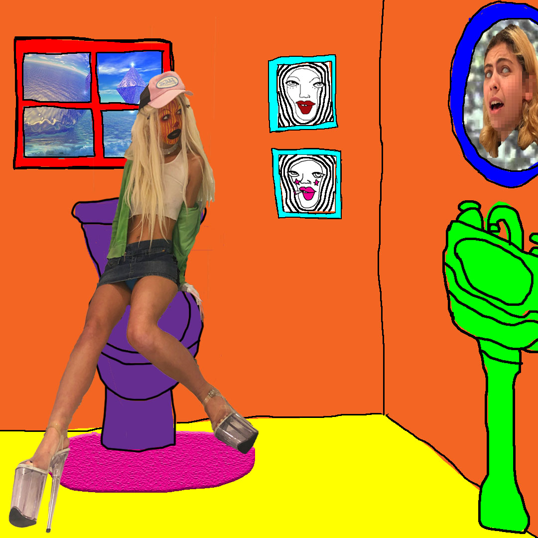 "Bathroom Break"</br>Digital Drawing/Collage</br>2020