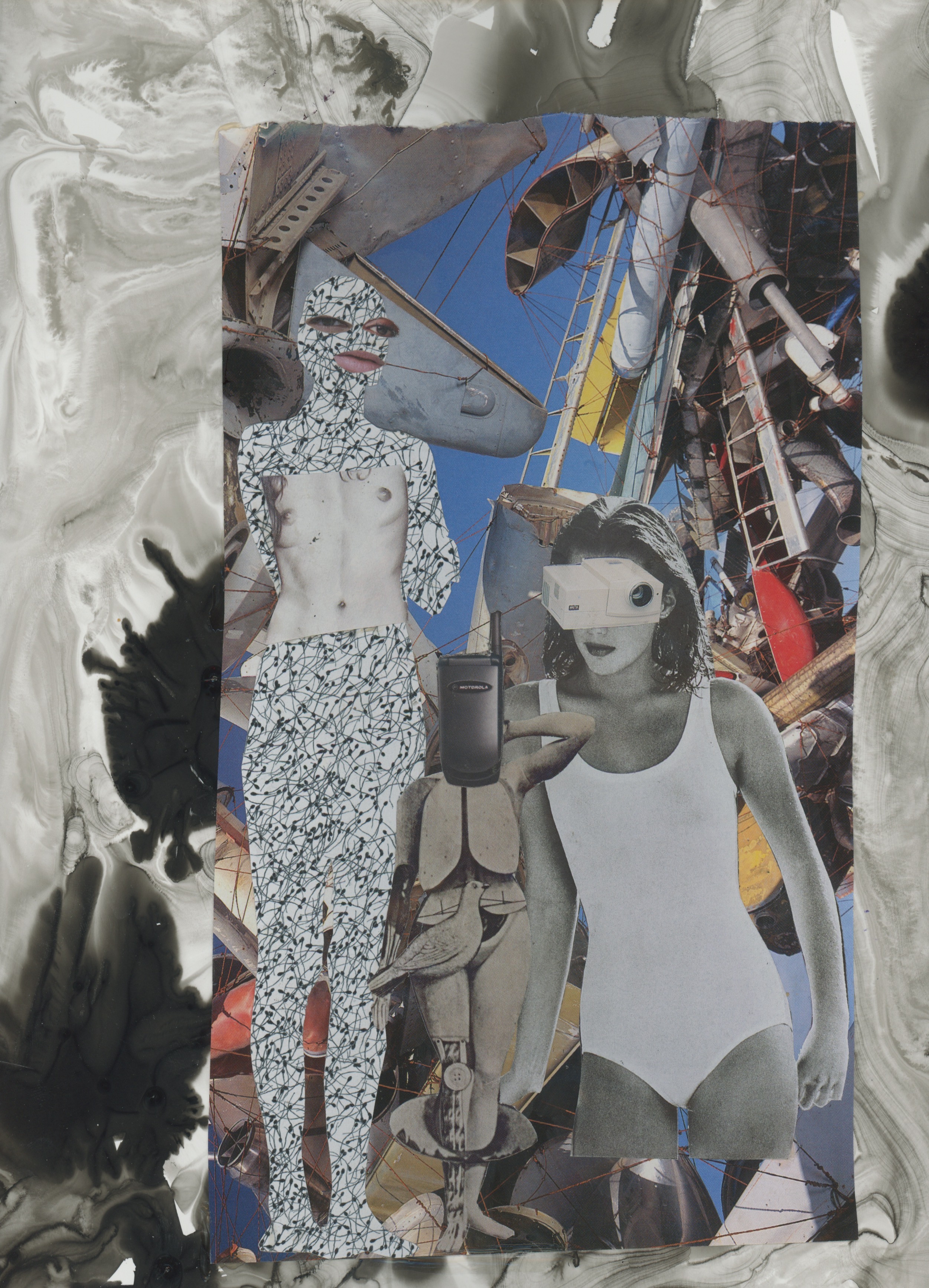 "Robo Gurls #1"</br>Collage on Yuppo Paper with Sumi Ink, 14 x 11 in</br>2018
